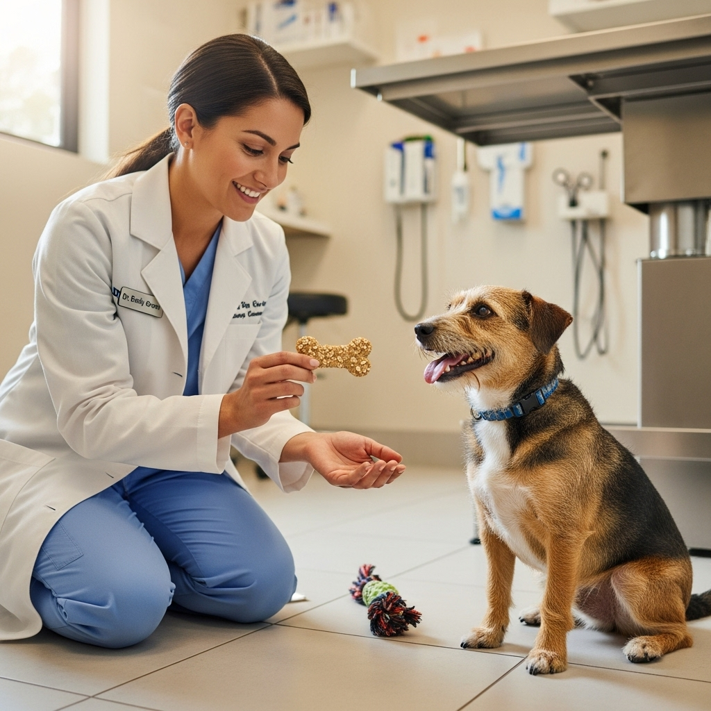 "A friendly veterinarian offering a single healthy homemade dog treat to a happy dog patient."
