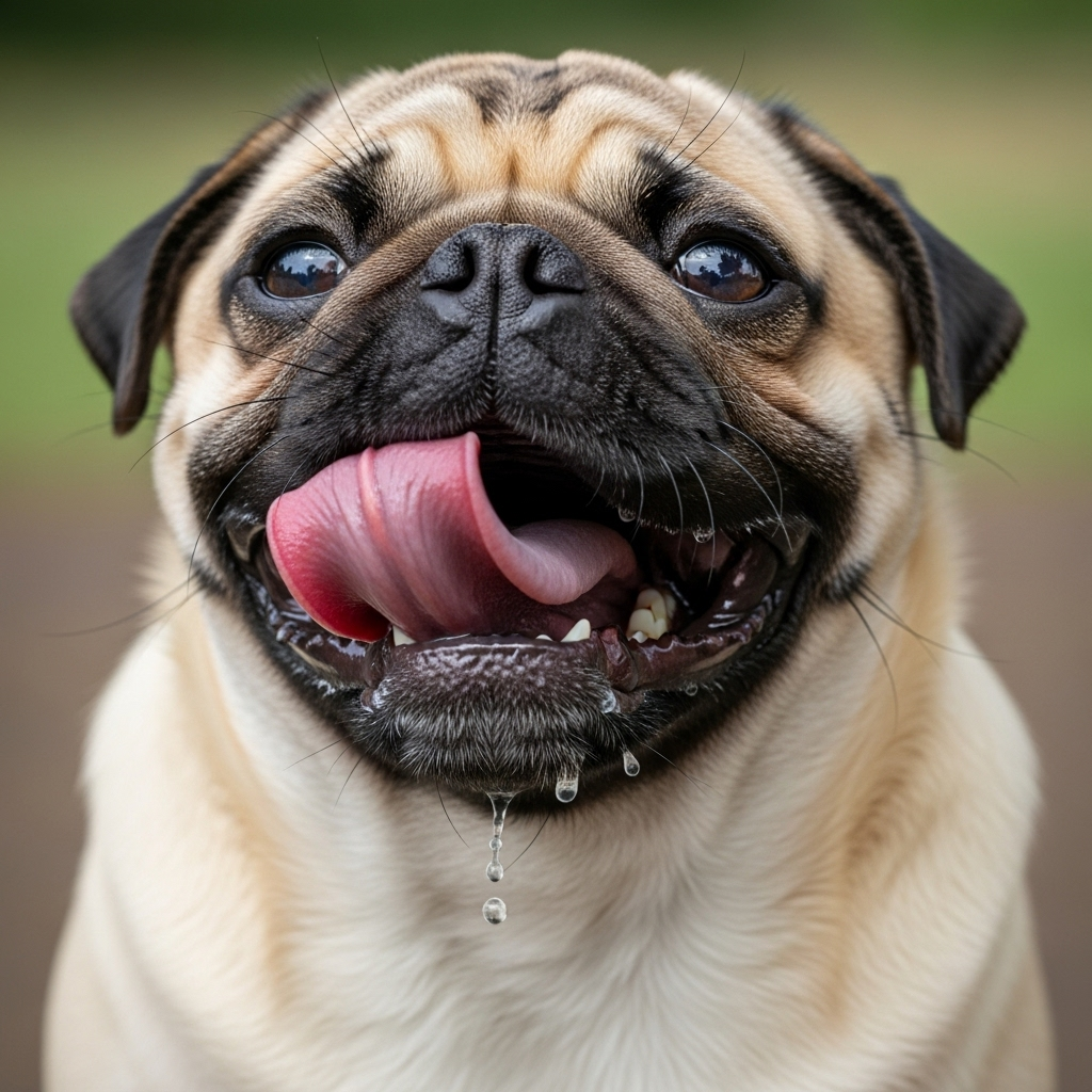 "A brachycephalic dog showing severe panting and a dark red tongue, two critical dog heatstroke symptoms."