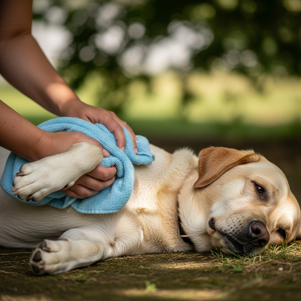 
"A person applying a cool, wet towel to a dog, demonstrating correct first aid for dog heatstroke symptoms."