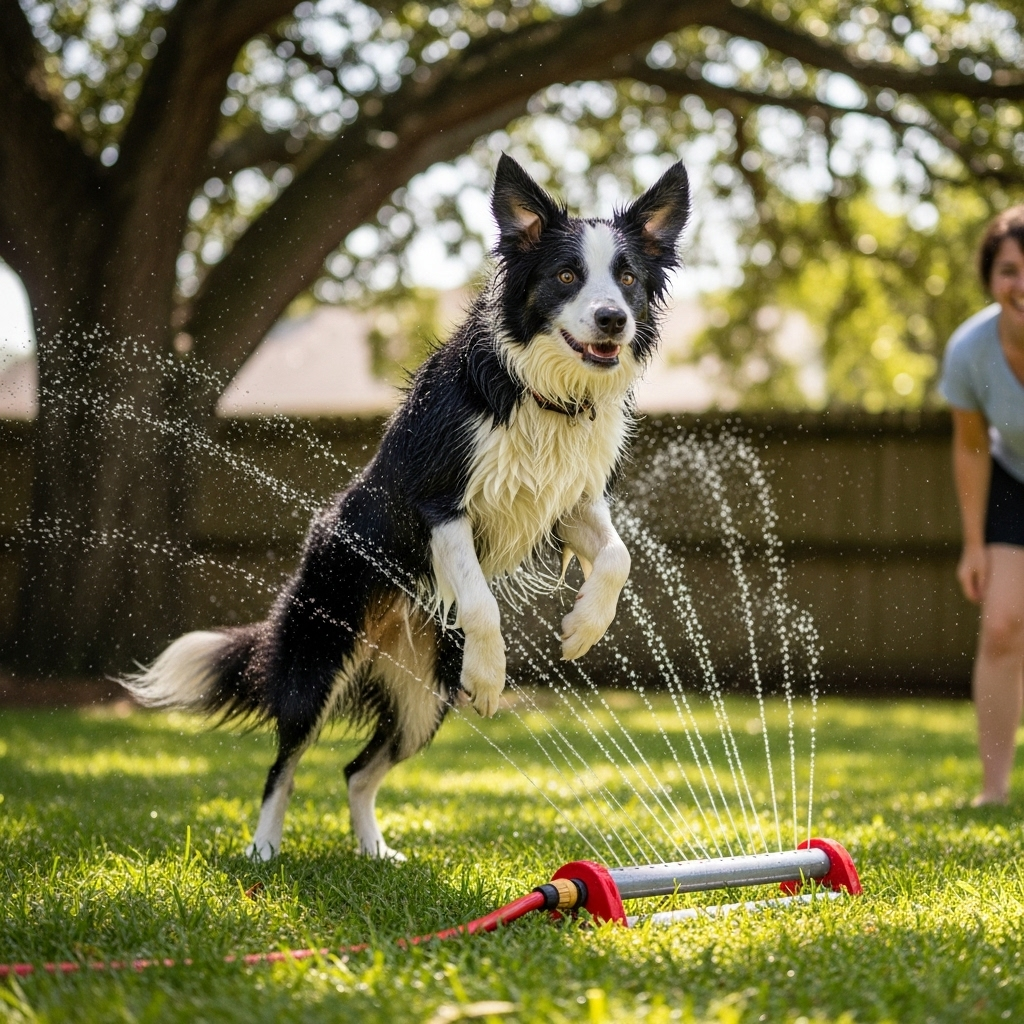 "A dog enjoying water play, an effective and fun way to prevent the onset of dog heatstroke symptoms."