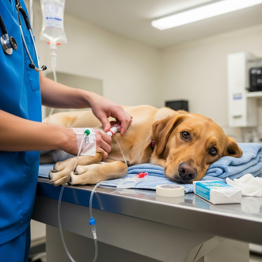 "A veterinarian providing professional medical care, a necessary step for treating advanced dog heatstroke symptoms."