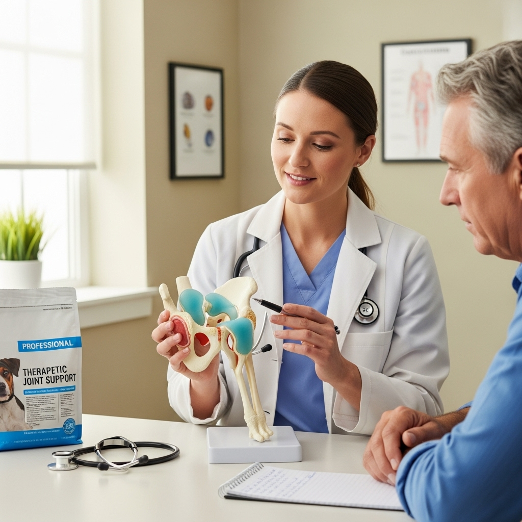 "A veterinarian explaining how a therapeutic senior dog diet can support joint health."