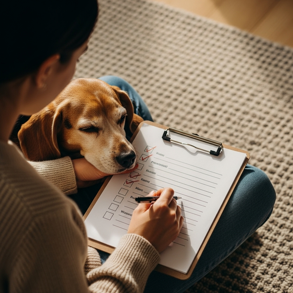 "An owner using a checklist to thoughtfully assess their current senior dog diet."