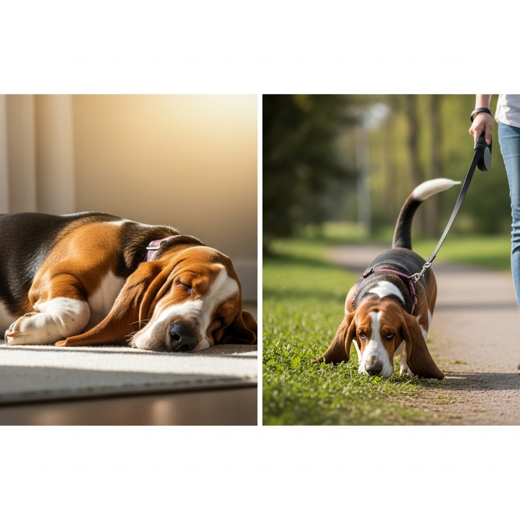 "A visual comparison showing one of the calmest dog breeds, a Basset Hound, at rest and during low-energy exercise."