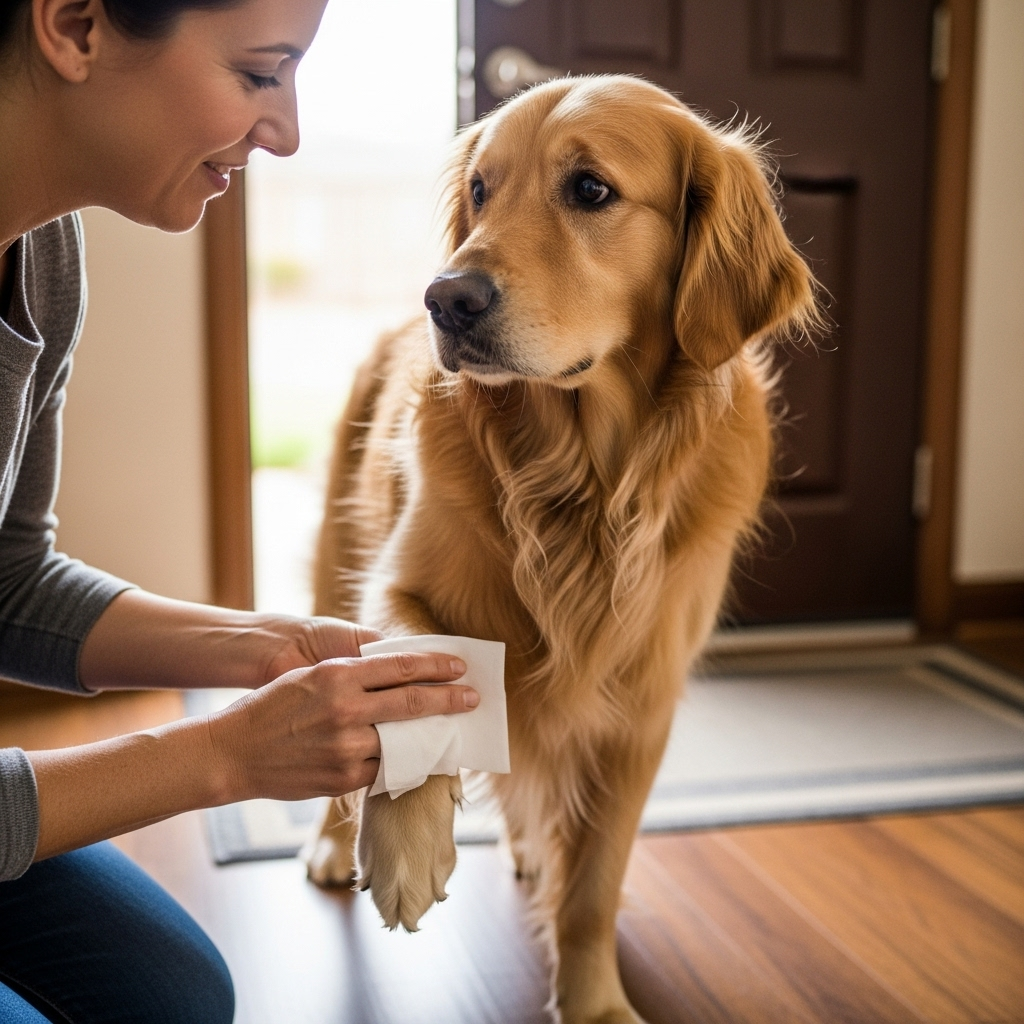"Preventative care, like wiping paws, can help reduce flare-ups from environmental dog allergies."