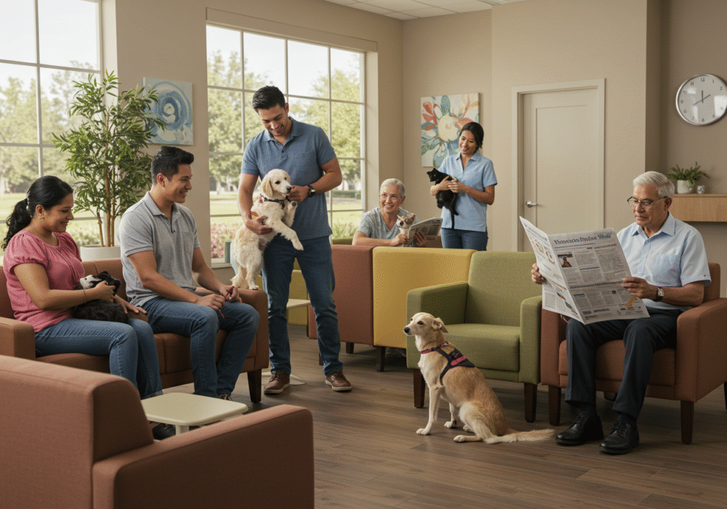 Pet owners researching how to choose a veterinarian by visiting a local clinic.