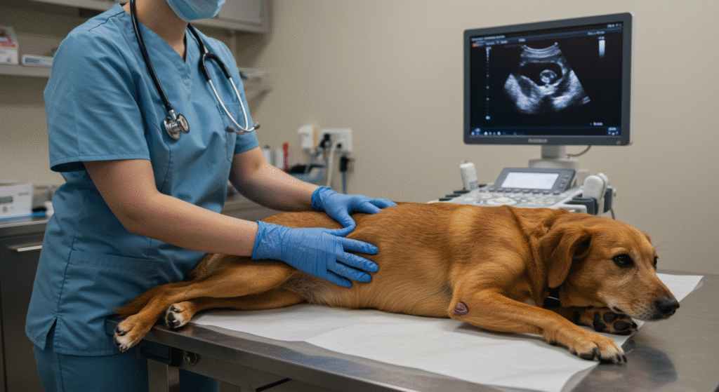 Vet examines dog and ultrasound for vomiting – dog throwing up yellow foam at night.