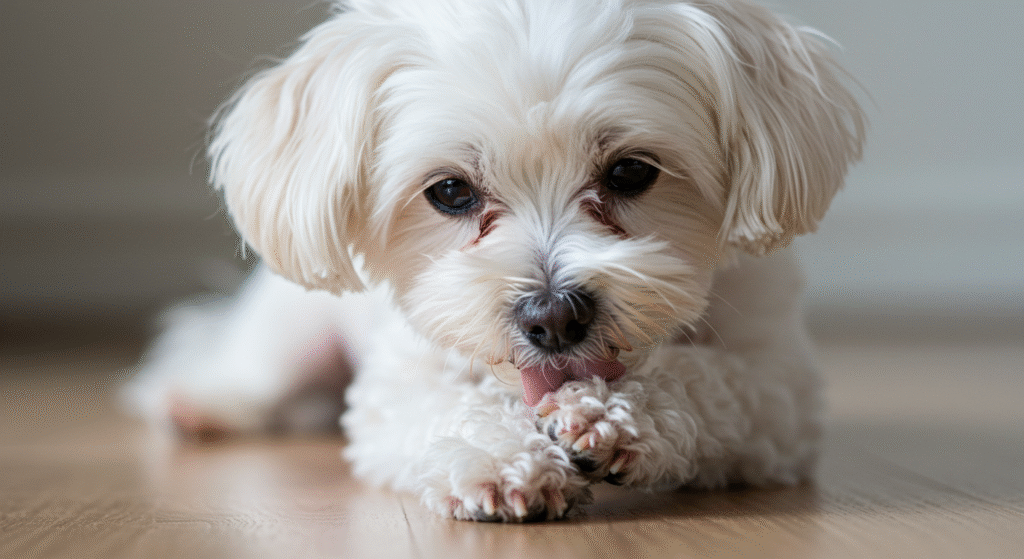  Dog licking paw, indicating potential seasonal allergies in dogs.