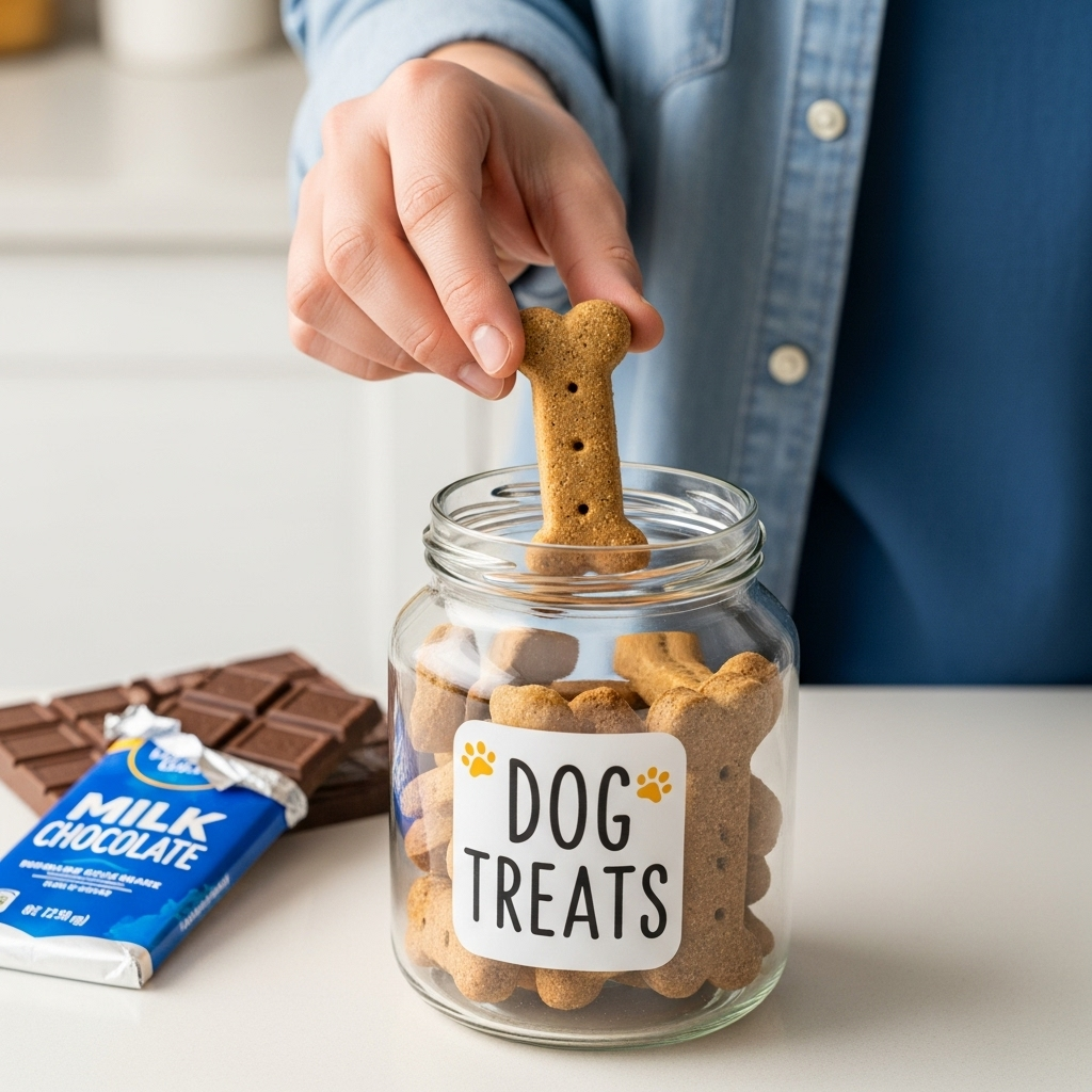 A person storing treats safely to prevent chocolate poisoning in dogs.
