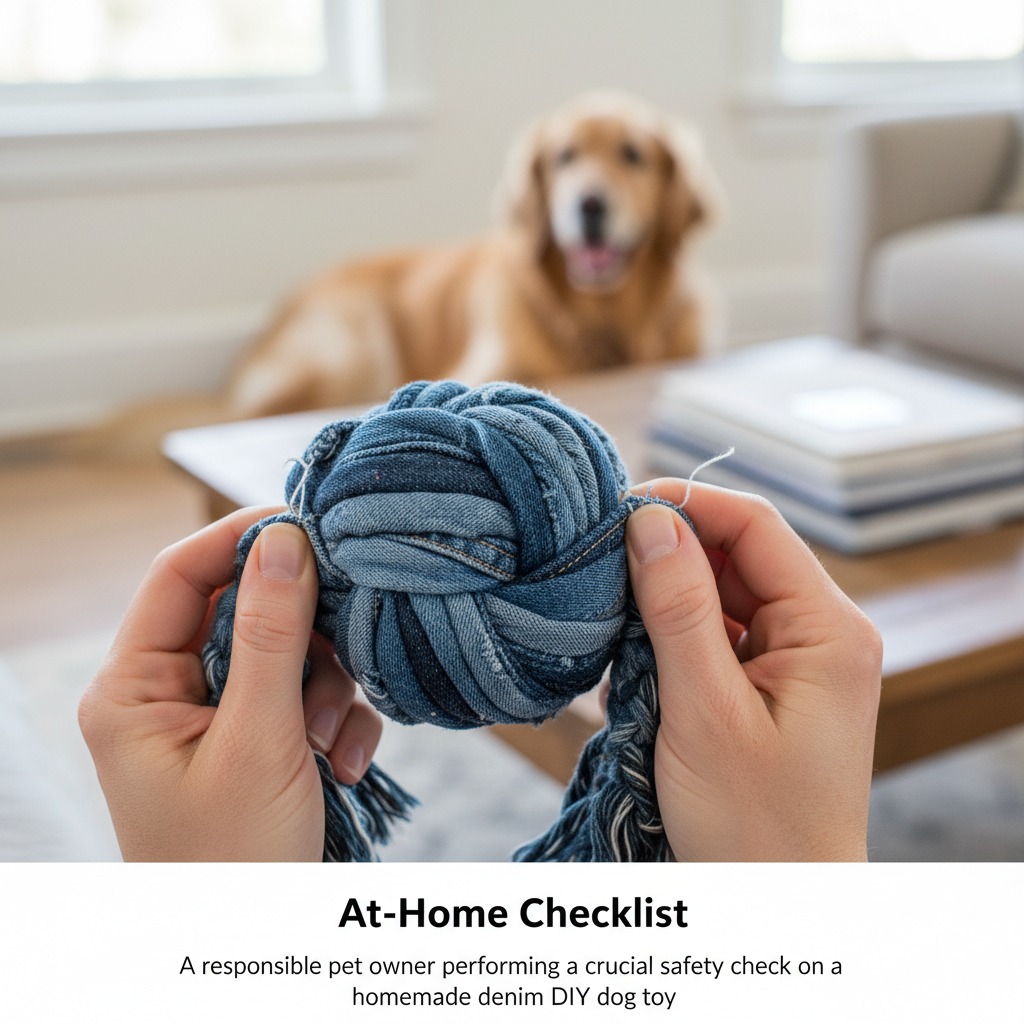 "A responsible pet owner performing a crucial safety check on a homemade denim DIY dog toy."