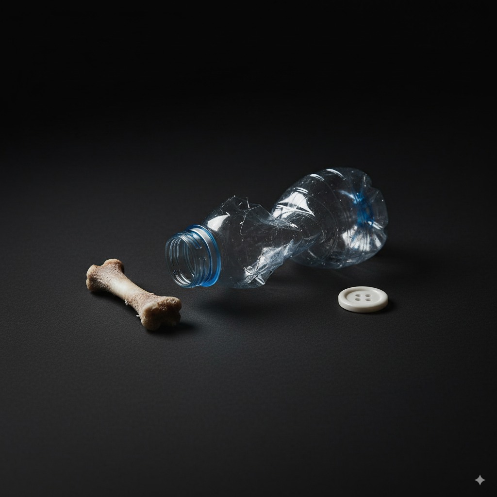 "A warning image showcasing dangerous items to avoid for DIY dog toys, which can pose a choking hazard."