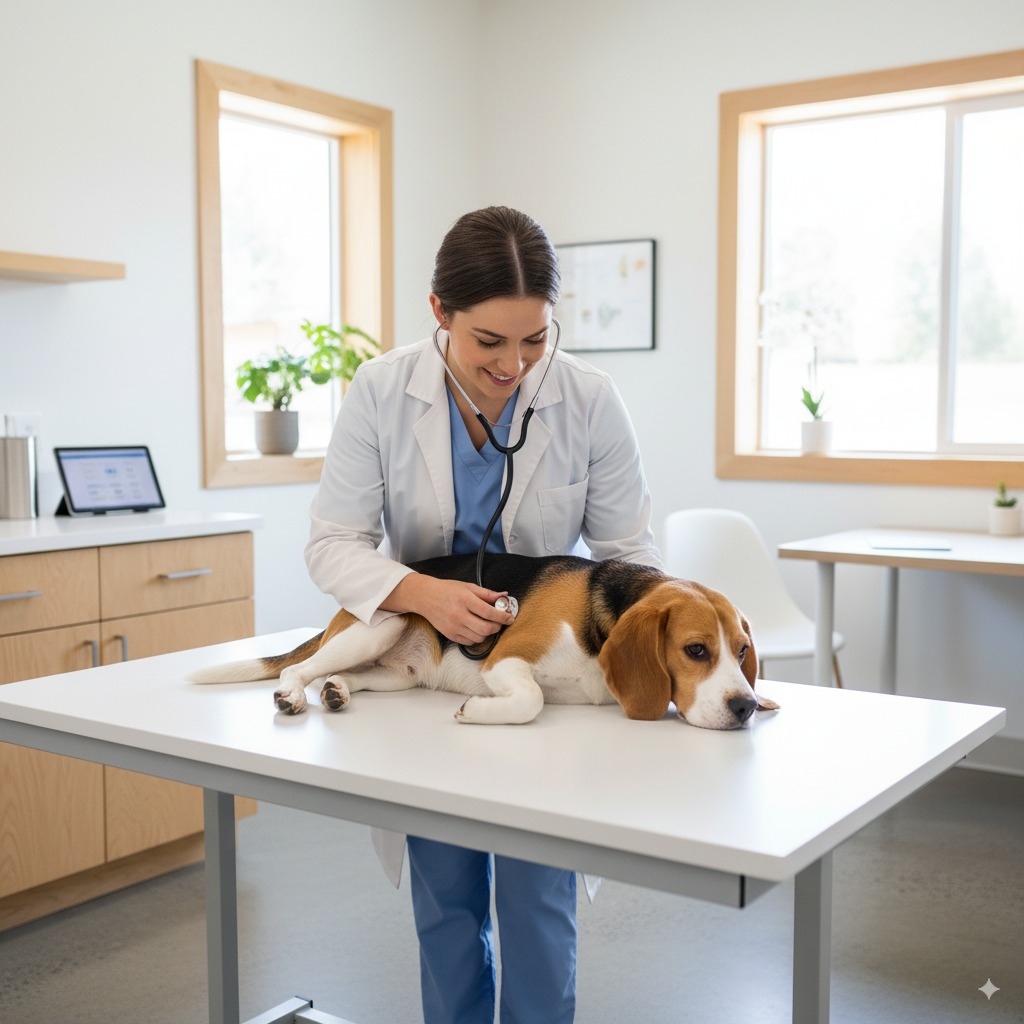 "A veterinarian performing a pre-travel checkup, a crucial first step when traveling with a dog."