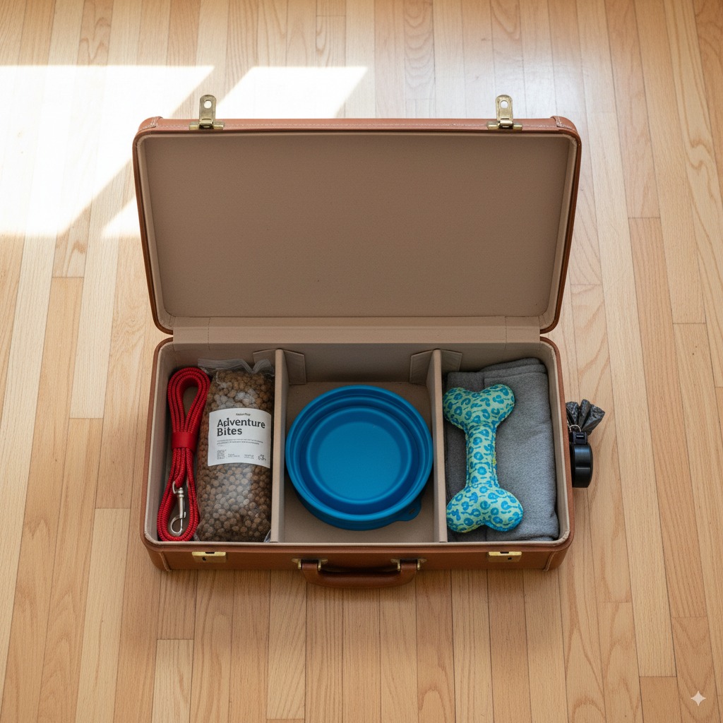 "Essential items packed in a suitcase, highlighting what to bring when traveling with a dog."