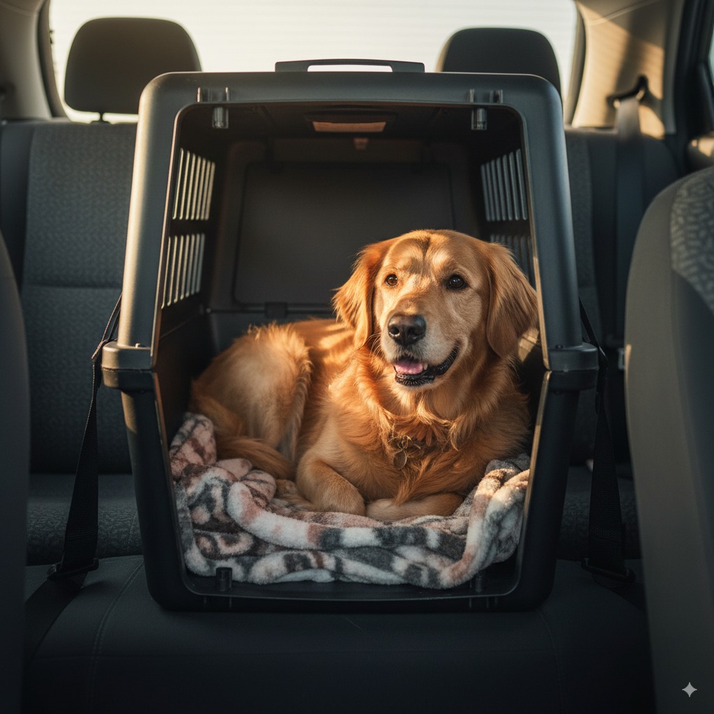 "A dog secured safely in a car crate, demonstrating a key safety tip for traveling with a dog by car."