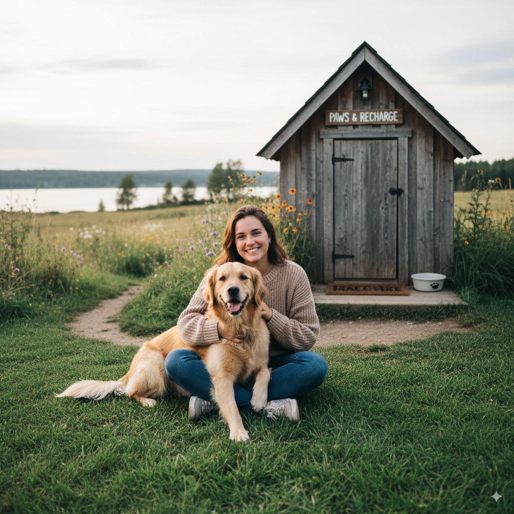 "A person and their pet relaxing at their destination, the reward of proper planning when traveling with a dog."