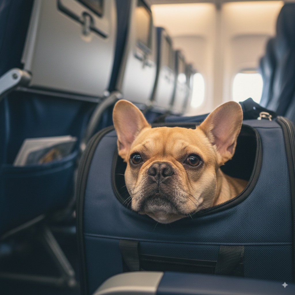 "A small dog in an airline-approved carrier, illustrating the requirements for air traveling with a dog."