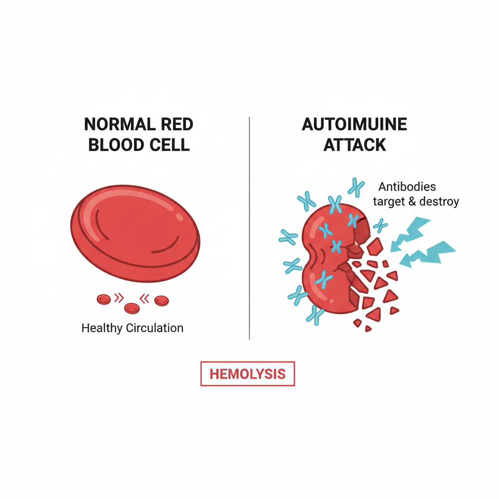  An infographic explaining the autoimmune process of IMHA in dogs, where antibodies destroy red blood cells.
