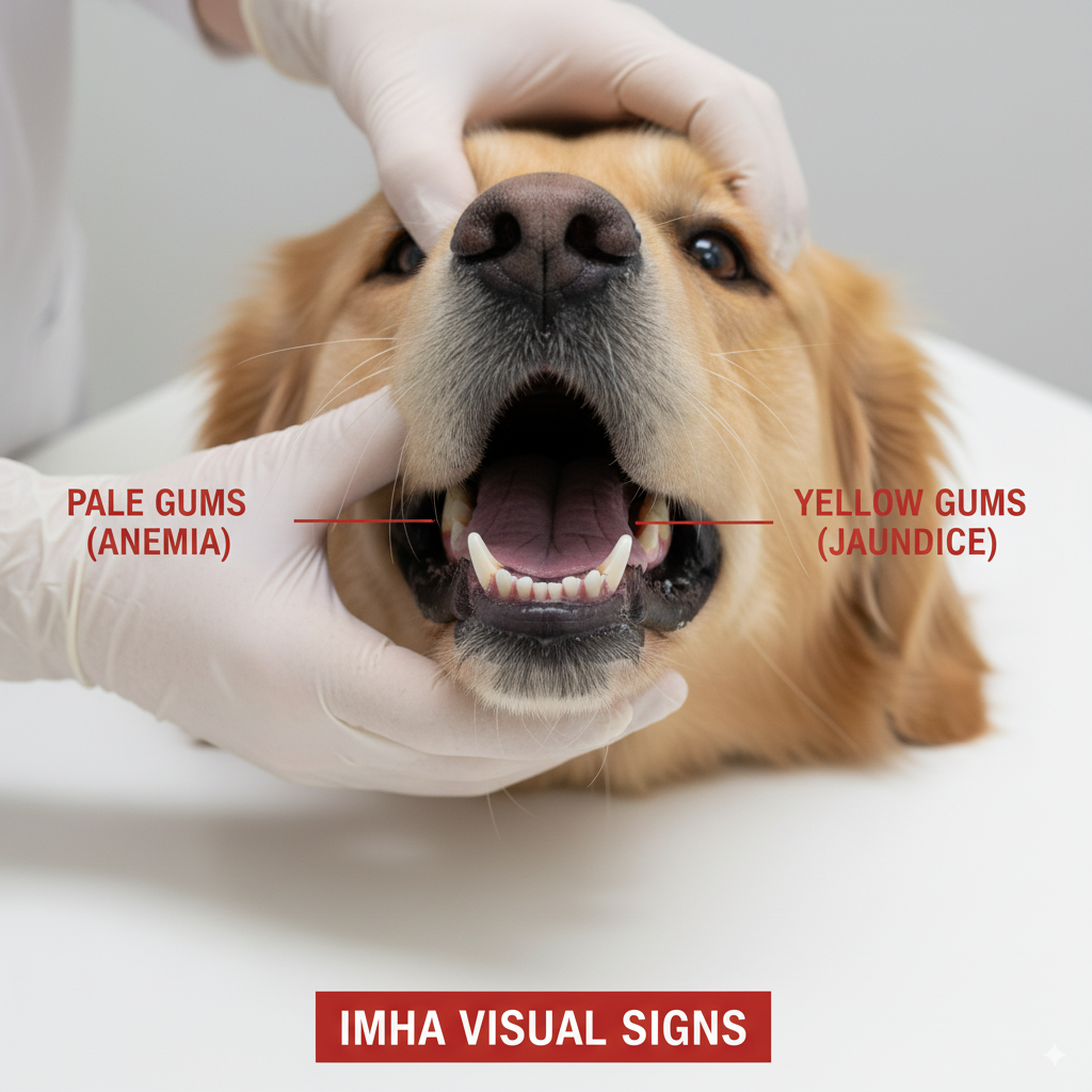 A comparison of pale and jaundiced gums in a dog, two common clinical signs of IMHA in dogs.