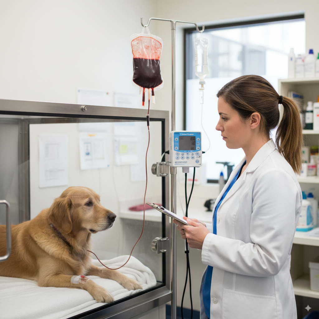  A dog receiving a life-saving blood transfusion, a critical component of supportive care for IMHA in dogs.