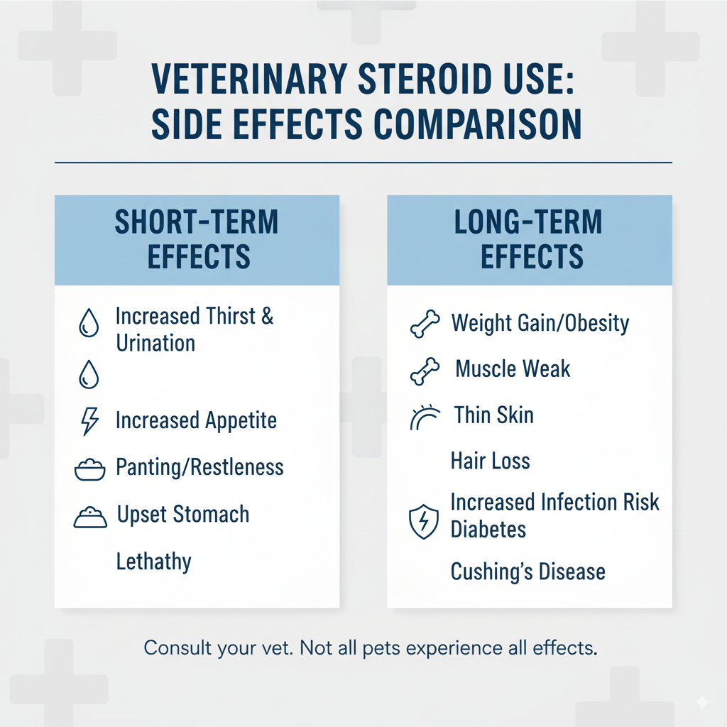 A table showing the side effects related to short and long-term steroid use in dogs.