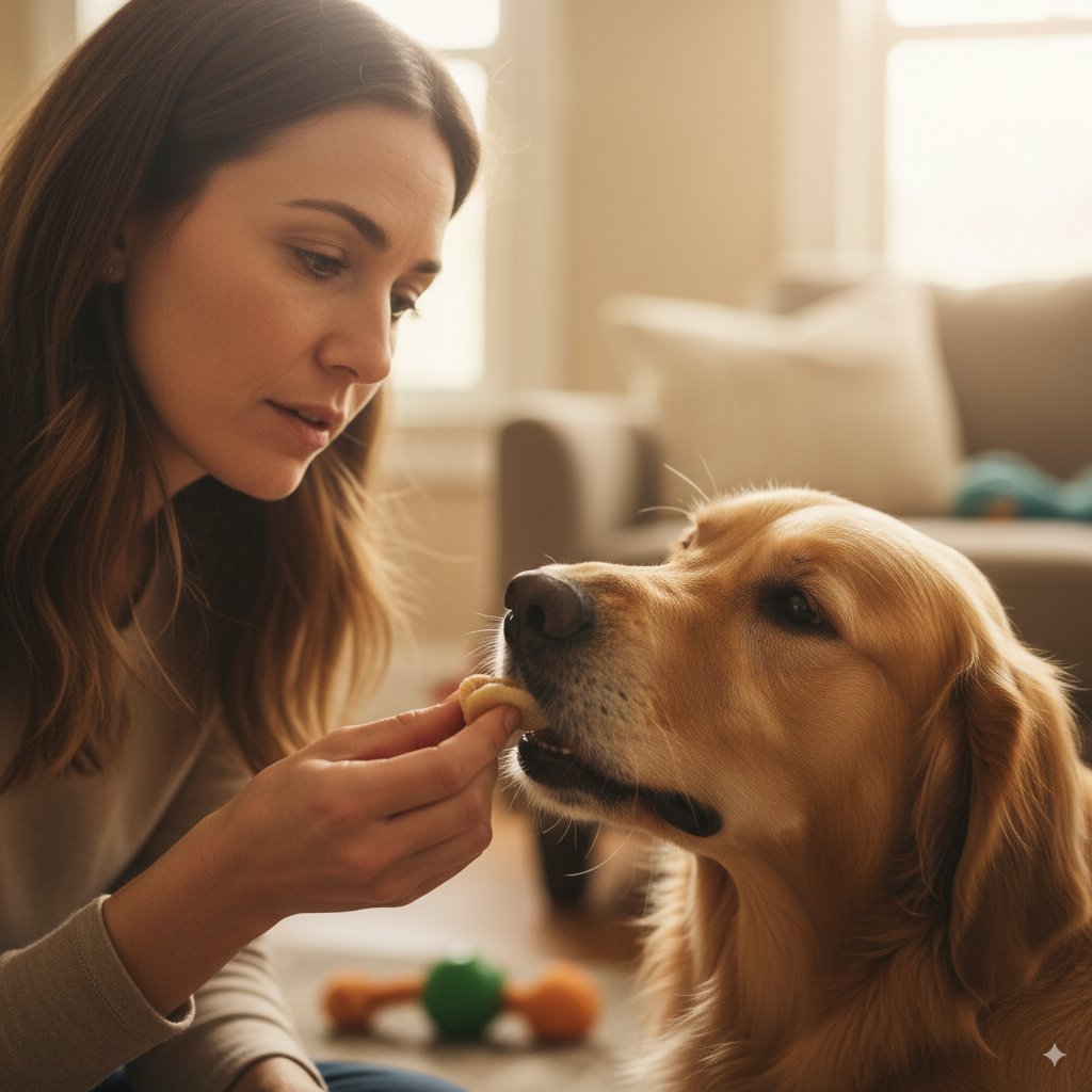 A dog owner carefully administers medication as part of a plan for steroid use in dogs.