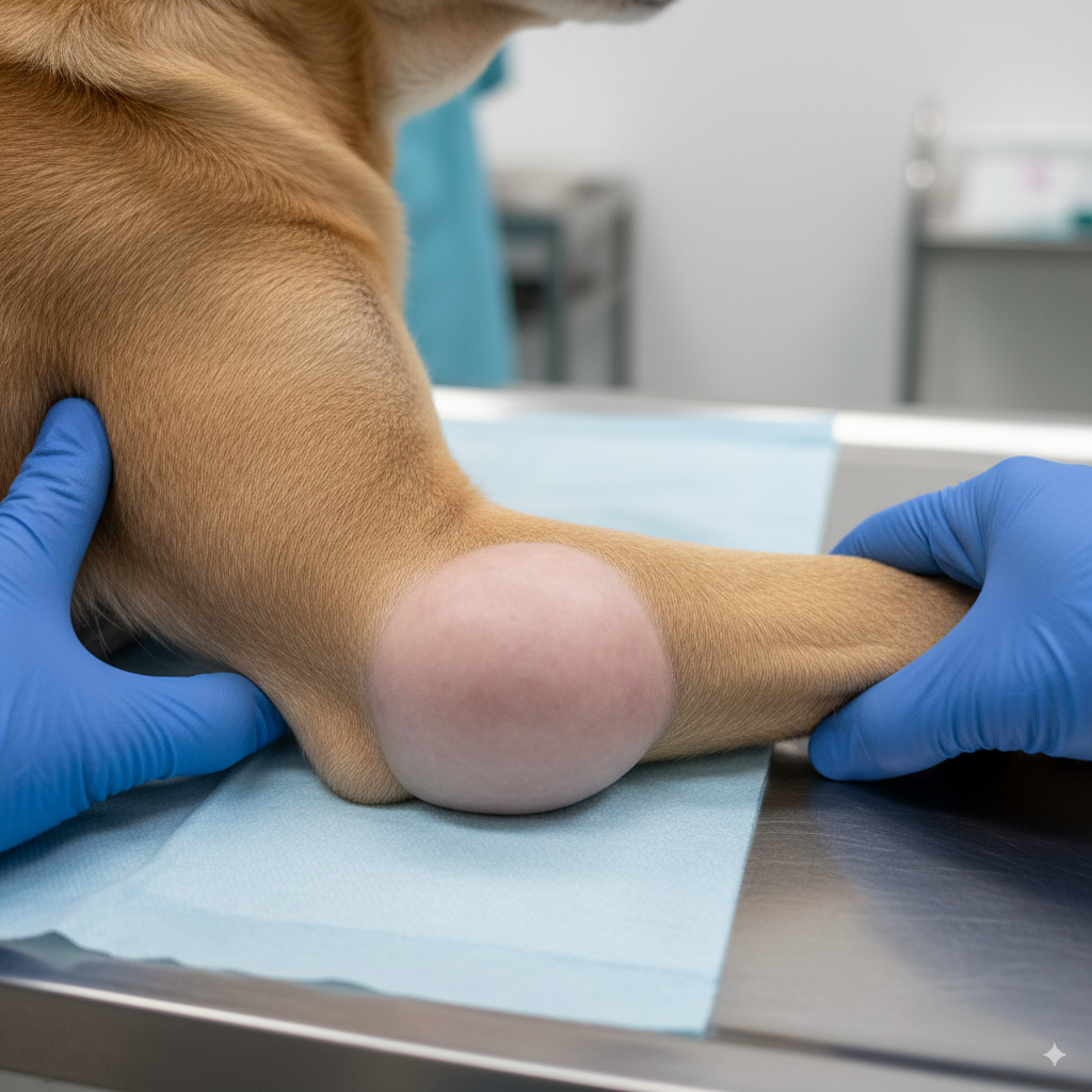  A close-up view of an elbow hygroma in a dog, showing the characteristic fluid-filled sac.