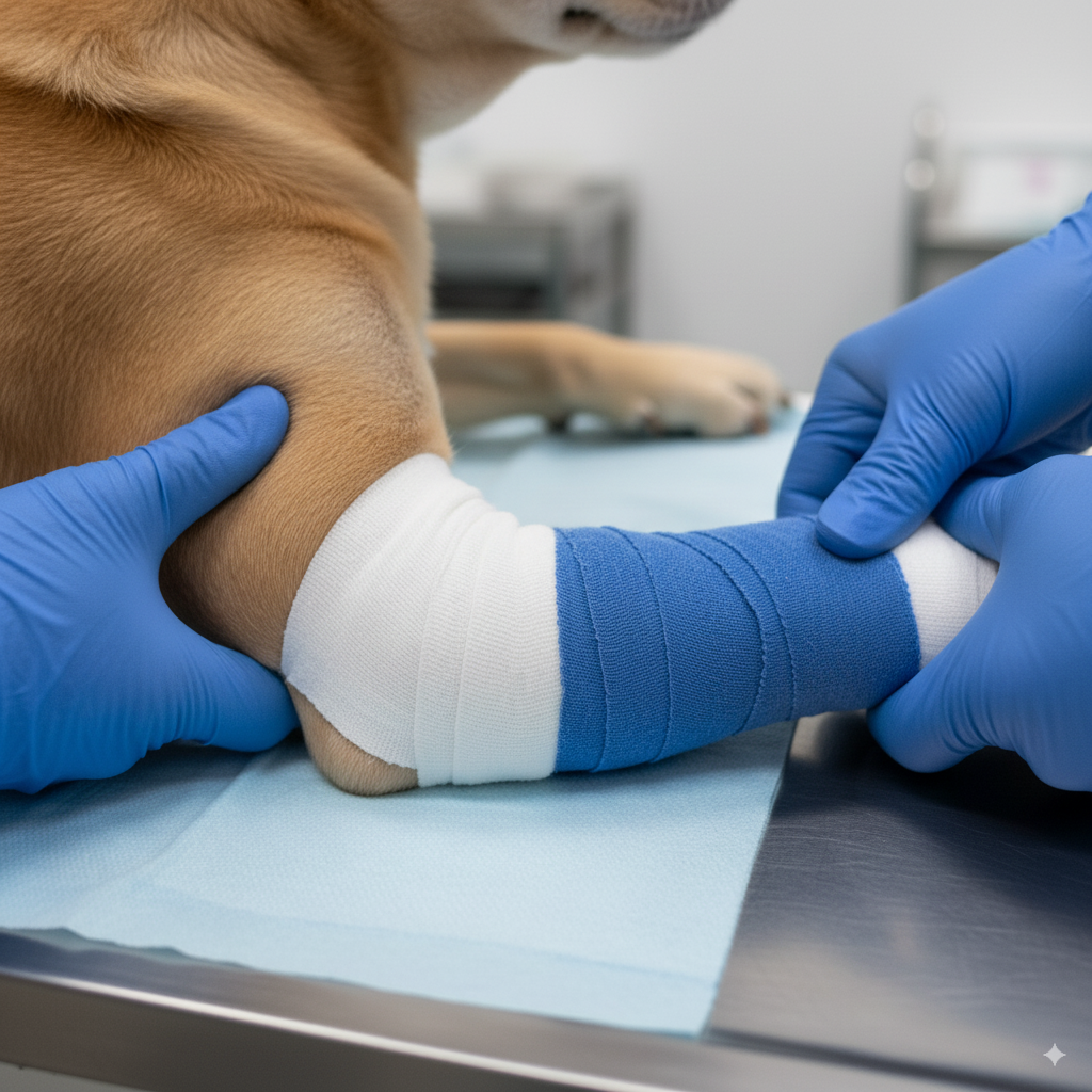  A veterinarian applying a protective elbow sleeve to manage an elbow hygroma in dogs.