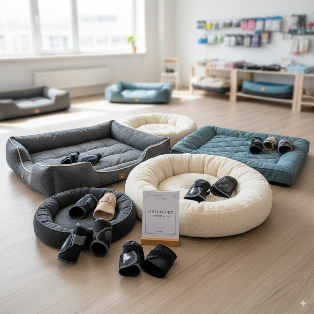 Various orthopedic beds and elbow pads that can help prevent elbow hygroma in dogs.