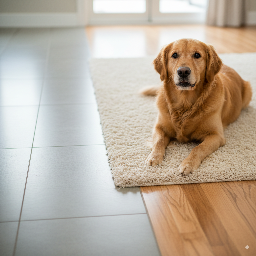 A healthy Great Dane lies on a soft rug, a key step in preventing elbow hygroma in dogs.