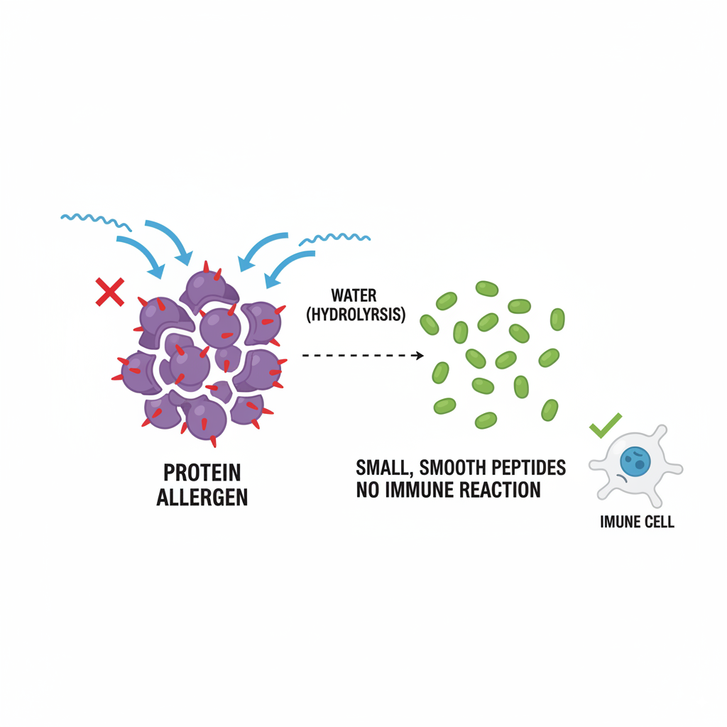 An infographic explaining how a hydrolyzed protein diet for dogs works by breaking down allergens so the immune system doesn't detect them.