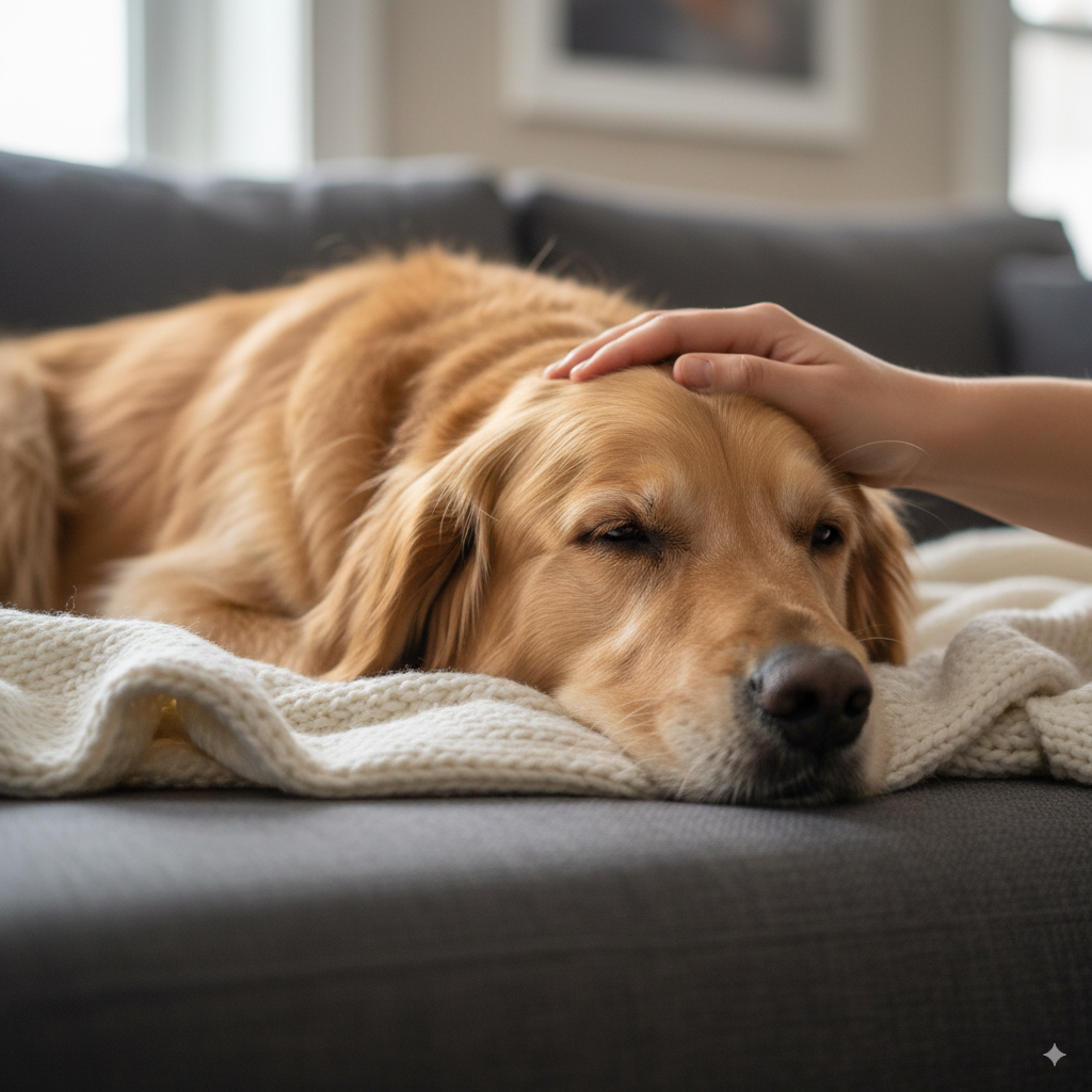 A dog owner provides comforting at-home care during a food trial with a hydrolyzed protein diet for dogs.