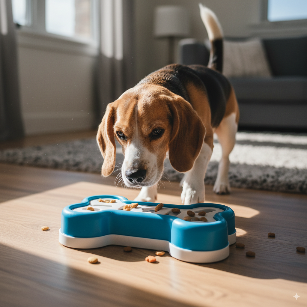  A dog using a puzzle toy for mental enrichment to prevent destructive chewing.