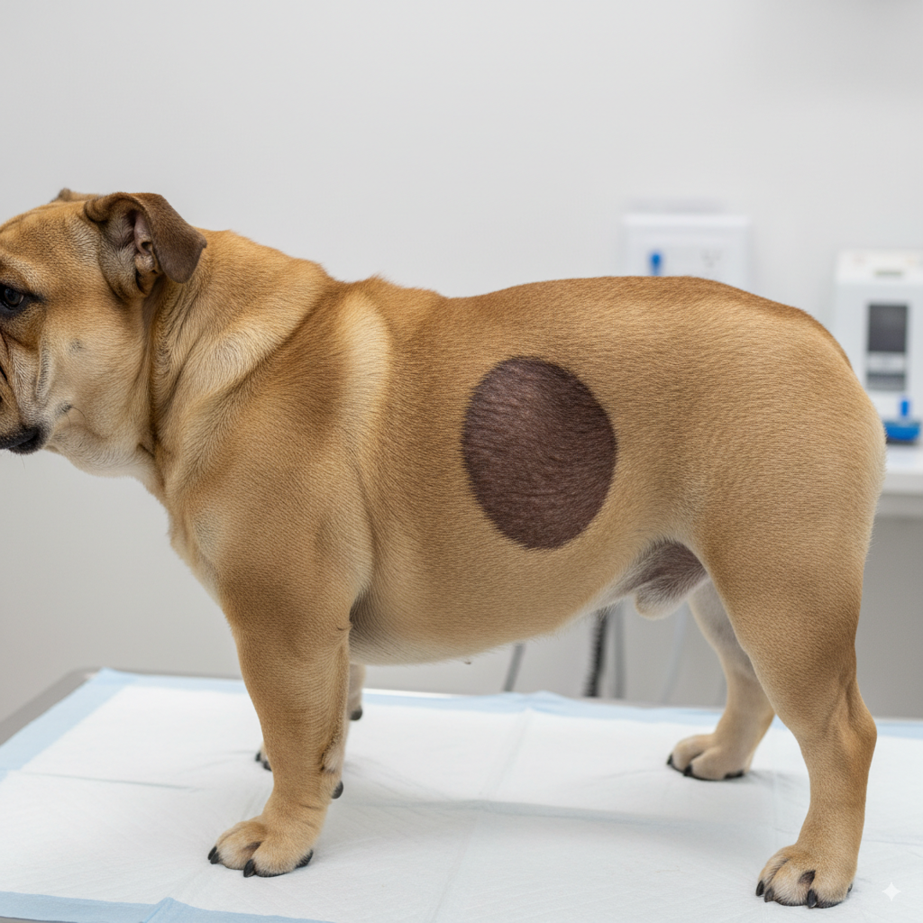  A clear example of the well-defined, non-itchy hair loss characteristic of flank alopecia in dogs.