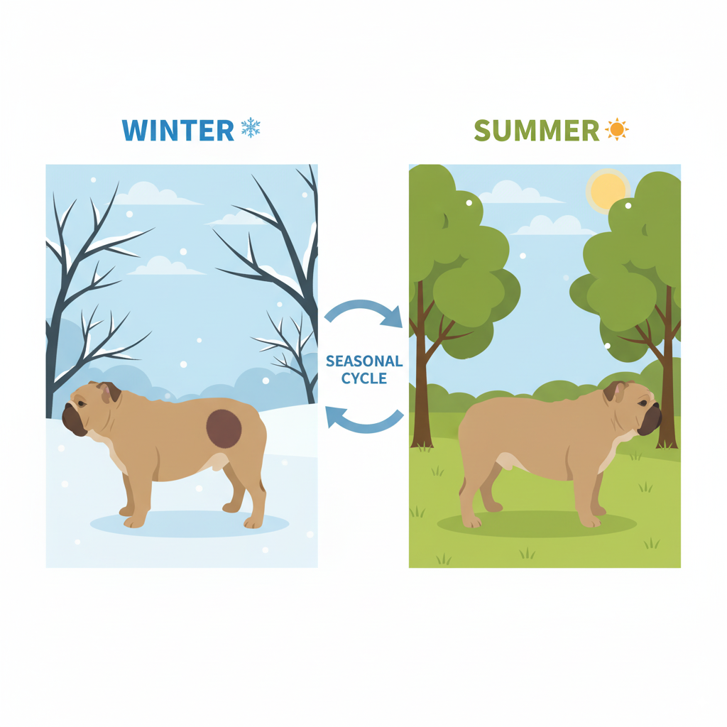 An infographic explaining the seasonal cycle of hair loss and regrowth often seen with flank alopecia in dogs.