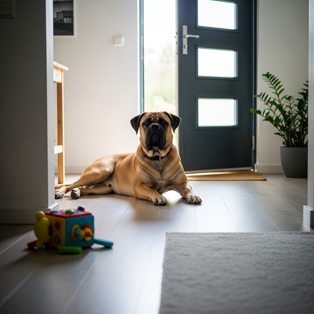 "A confident Bullmastiff demonstrating the calm and protective temperament required in the best family guard dogs."