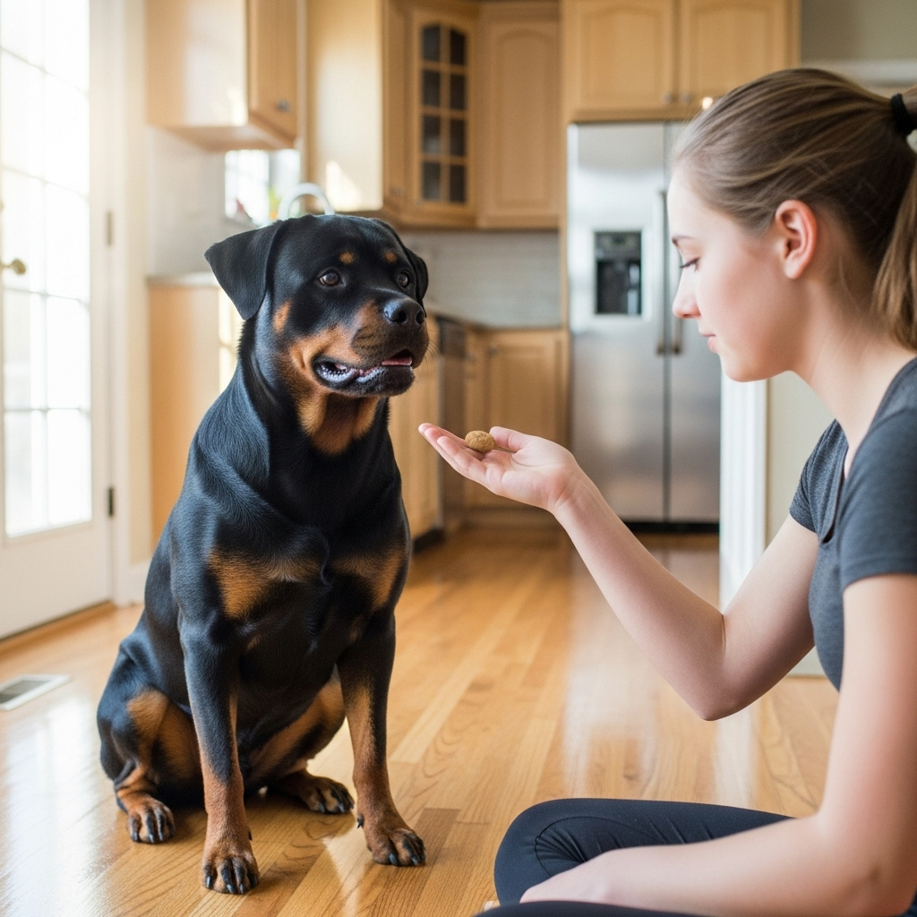 "A loyal Rottweiler, one of the top 10 best family guard dogs, showing its gentle and trainable nature with its family."