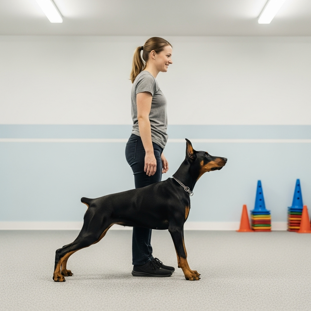 "A Doberman Pinscher learning obedience, a crucial step for all the best family guard dogs to become reliable companions."
