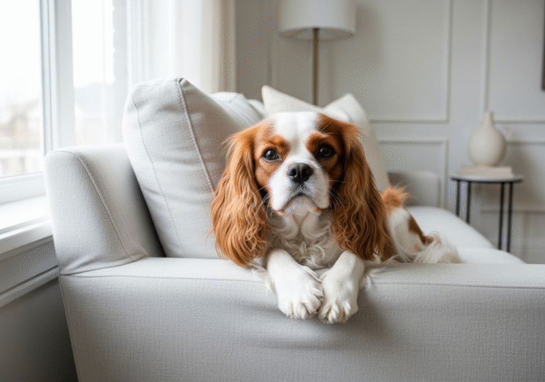 "A beautiful Cavalier King Charles Spaniel, one of the top low-maintenance dog breeds, relaxing peacefully in a modern home."
