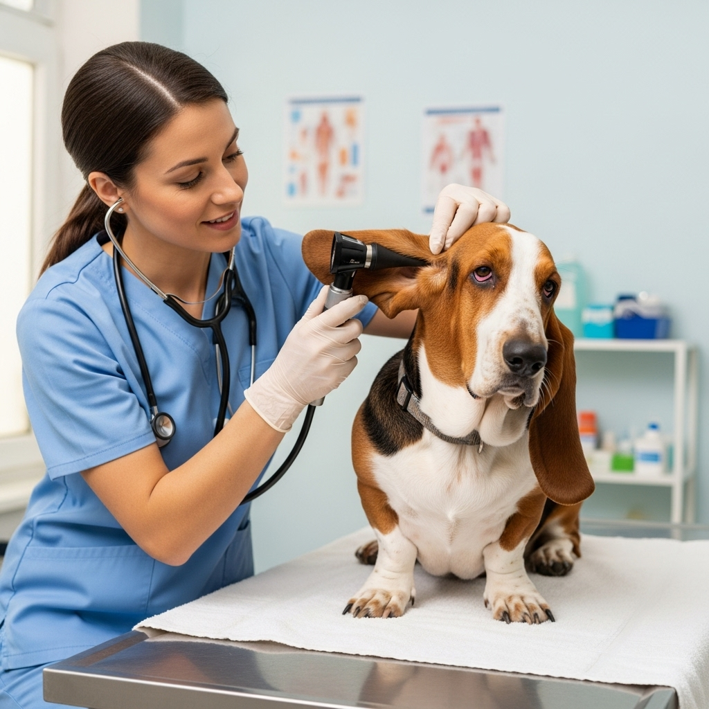 "A veterinarian carefully checks the ear of a Basset Hound, highlighting a key care need for this low-maintenance dog breed."