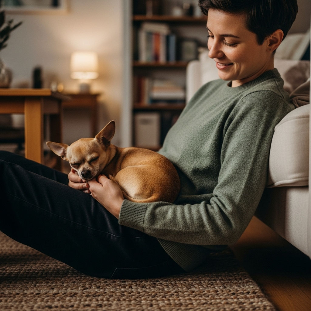 "A person enjoying a quiet moment at home with their Chihuahua, showing the ideal lifestyle for owning low-maintenance dog breeds."
