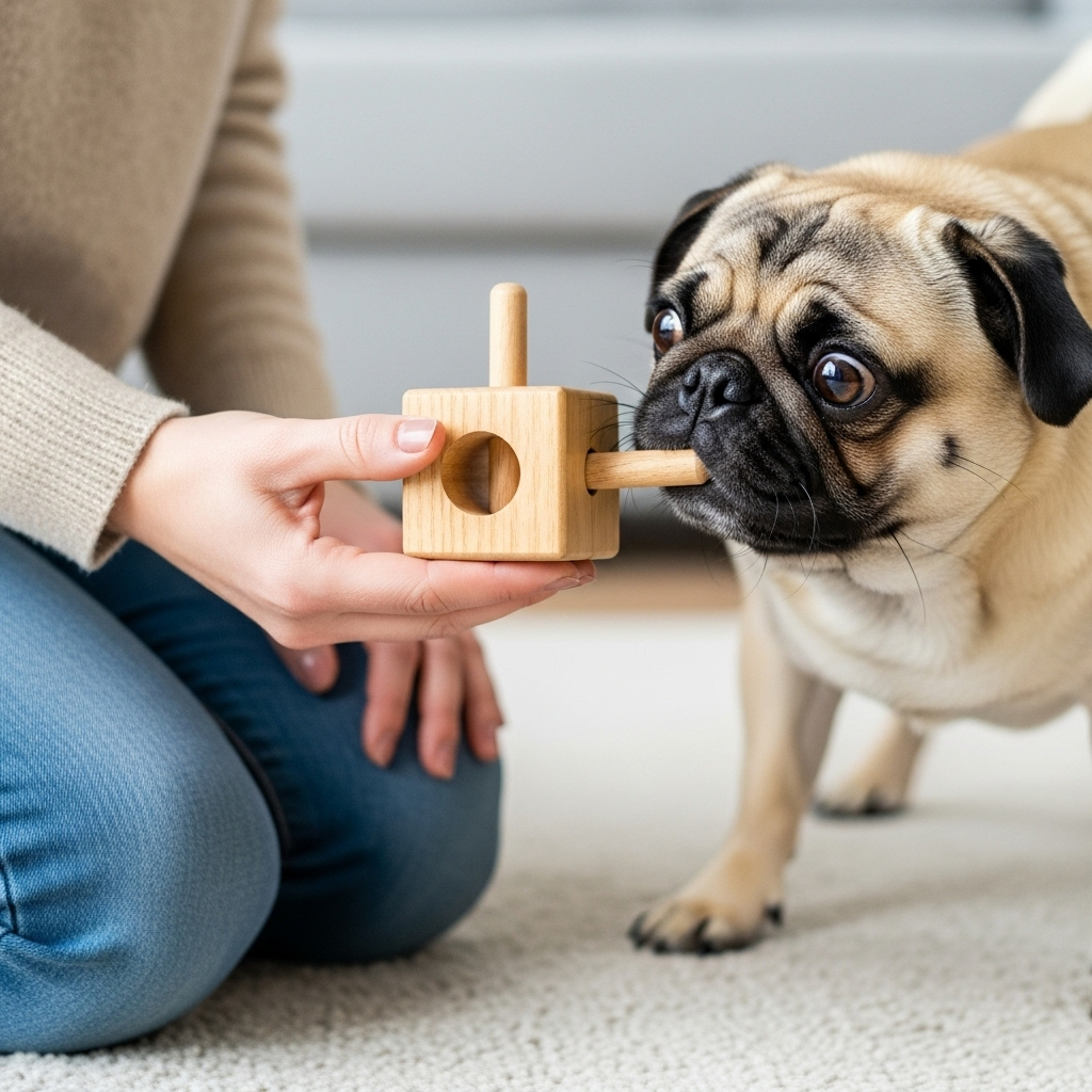 "A Pug engaging with a puzzle toy, an example of mental stimulation for happy and healthy low-maintenance dog breeds.
Use Arrow Up and Arrow Down to select a turn, Enter to jump to it, and Escape to return to the chat."