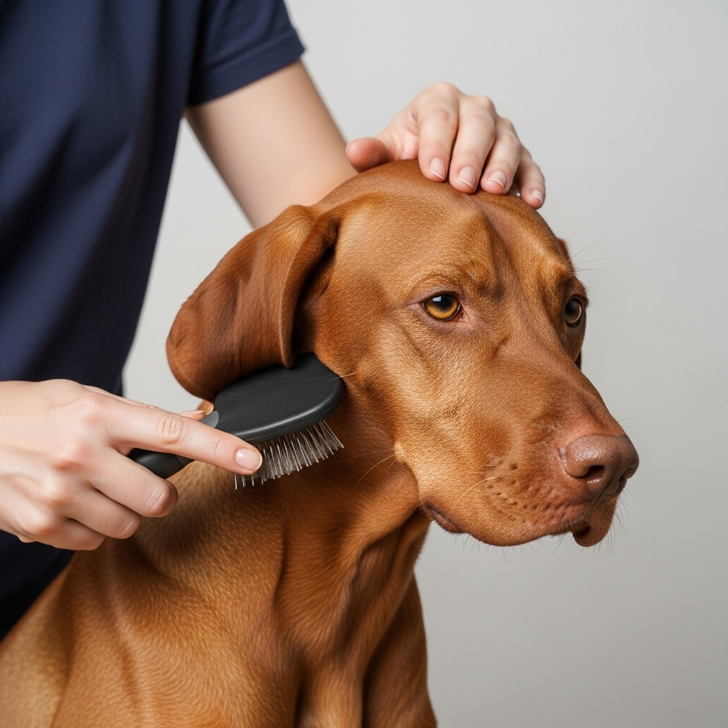 "A person easily grooming a Greyhound, demonstrating the simple grooming needs of many low-maintenance dog breeds."