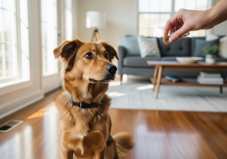 "A well-behaved dog looking at its owner, ready to learn how to solve common dog behaviour problems."