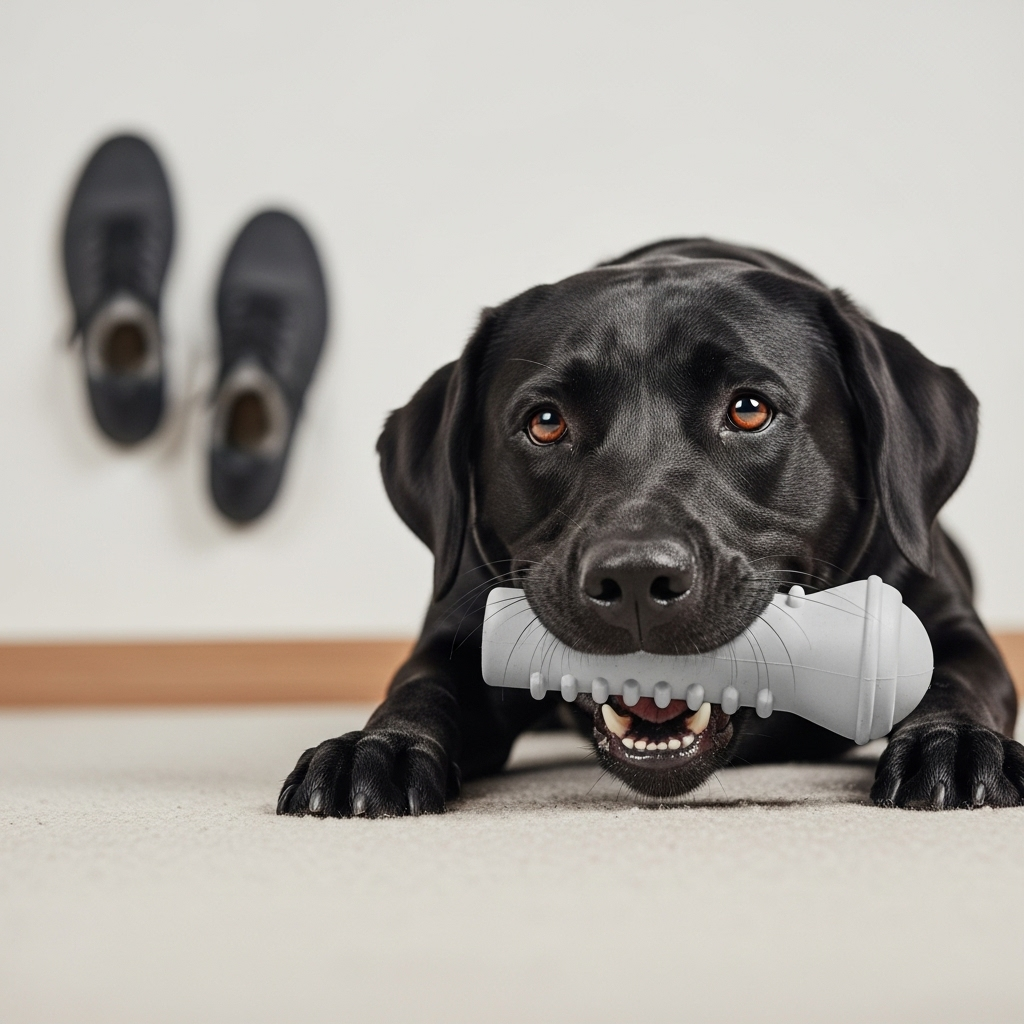 "A dog chewing an appropriate toy, a key solution for destructive dog behaviour problems."