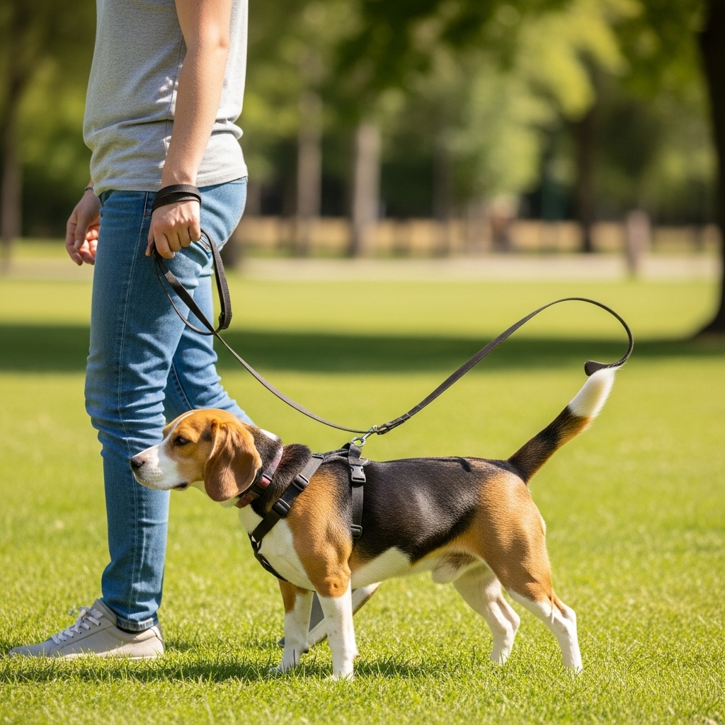 "A calm dog on a loose leash, illustrating a solution to leash-pulling dog behaviour problems."