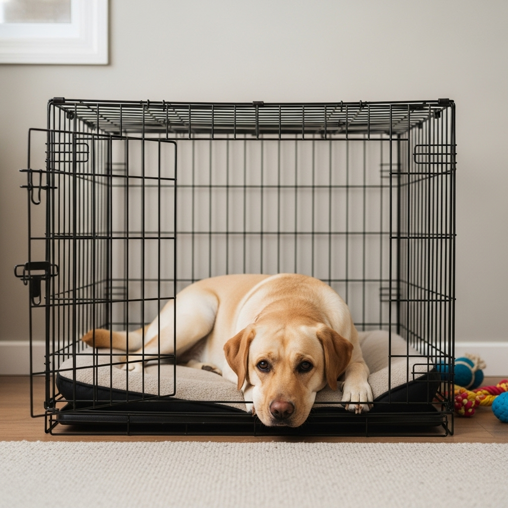 "A calm dog in its crate, showing a management strategy for separation anxiety and other dog behaviour problems."