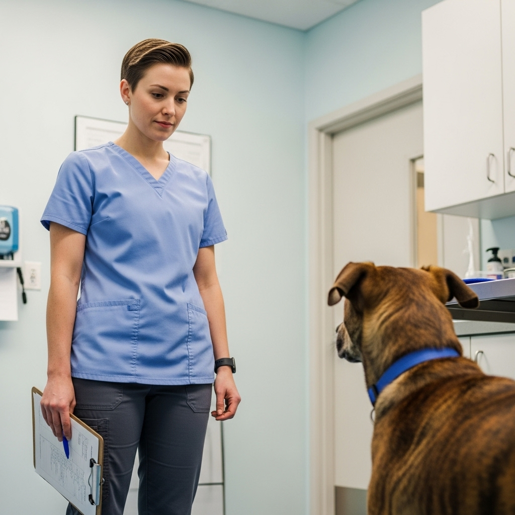 "A veterinary professional assessing a dog, emphasizing the importance of expert help for serious dog behaviour problems like aggression."