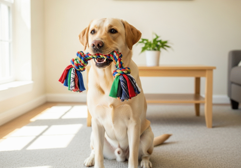 "A happy Labrador playing with one of many safe DIY dog toys made from a colourful t-shirt."