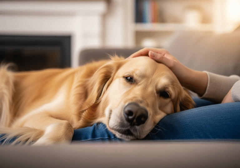 "A veterinarian's guide to the most affectionate dog breeds, featuring a loving Golden Retriever cuddling with its owner."
