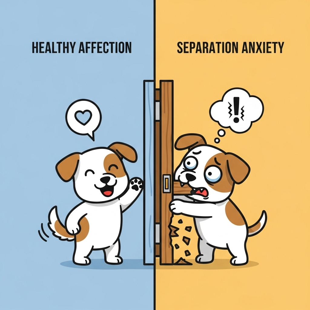 "A visual guide to telling healthy love from separation anxiety in affectionate dog breeds."
